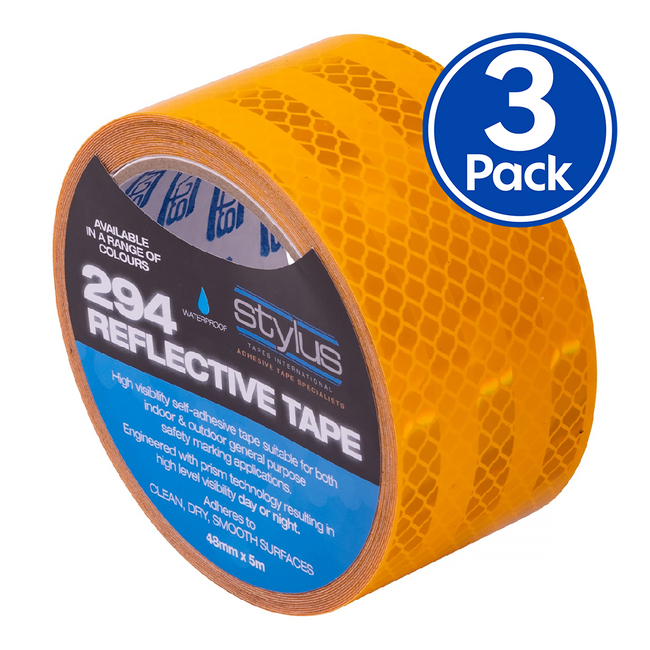 STYLUS 294 Reflective Tape 48mm x 5m x 3 Pack Yellow Waterproof High Visibility