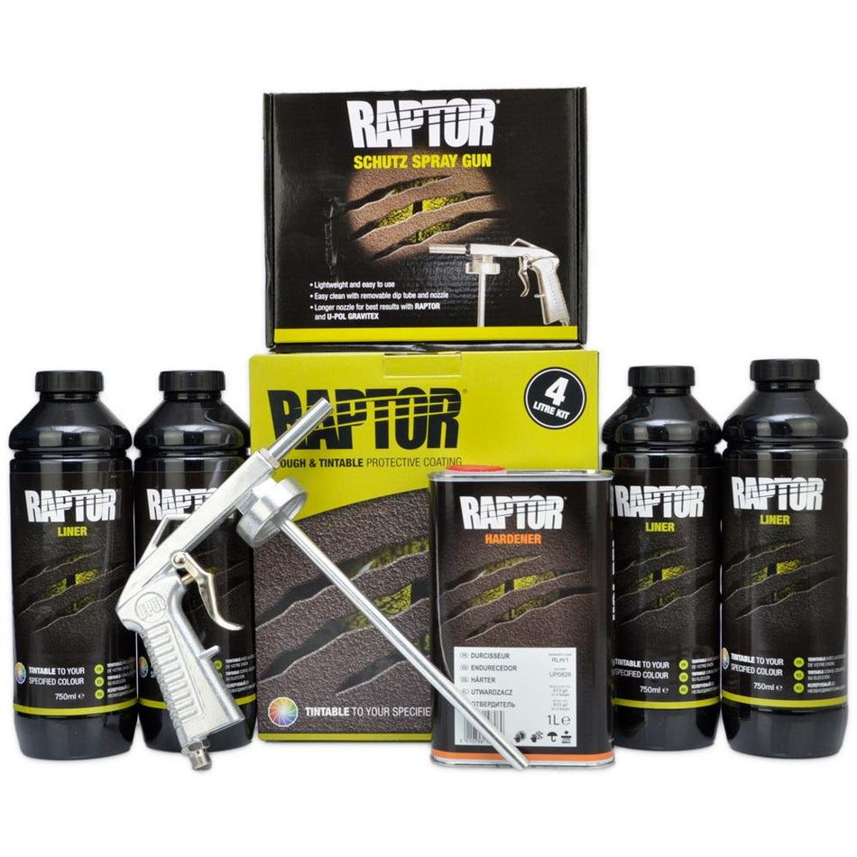 U-POL RAPTOR Tintable Protective Coating Kit 4L with Schutz Spray Gun