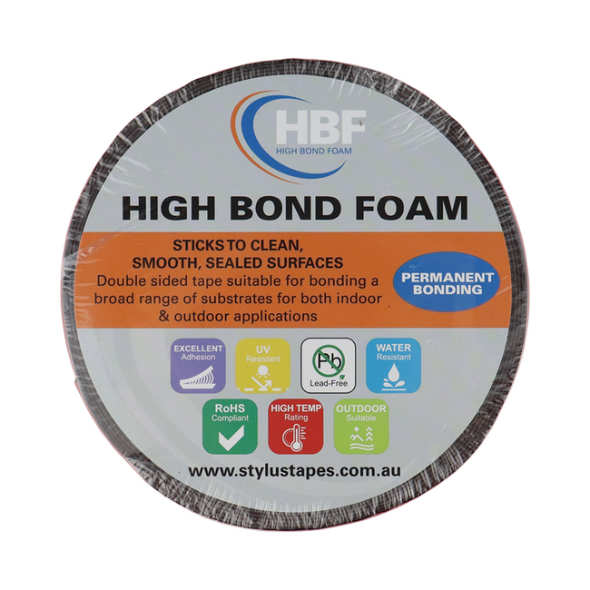 STYLUS HBF VHB Double Sided Foam Tape 12mm x 5m Black Permanent Bonding