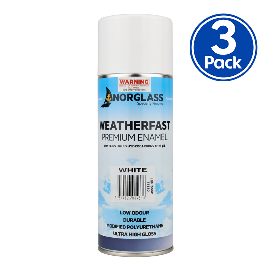 Norglass Marine Weatherfast White Premium Enamel Aerosol 300g High Gloss 3 Pack