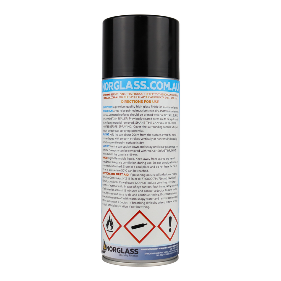 Norglass Marine Paint Weatherfast Black Premium Enamel Aerosol 300g High Gloss