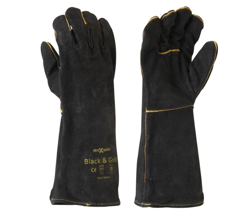Maxisafe Black and Gold Welding Gauntlet Gloves Fabrication Foundry Safety
