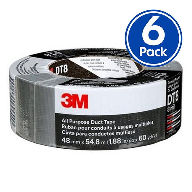 3M DT8 All Purpose Light Duty Duct Tape 48mm x 22.9m Silver x 6 Pack