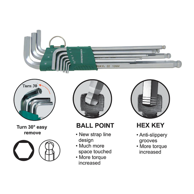 JONNESWAY Anti Slip Ball Joint Hex Key 9 Piece Tool Set 1.5-10mm Extra Long Arm Tools