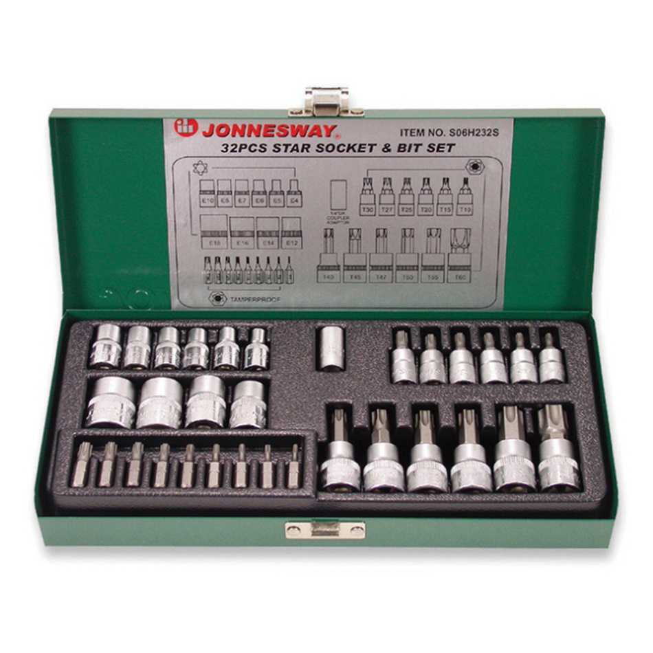 JONNESWAY 32 Piece Star Socket Tamperproof Bit Set 1/4″ & 3/8" Drive Tools
