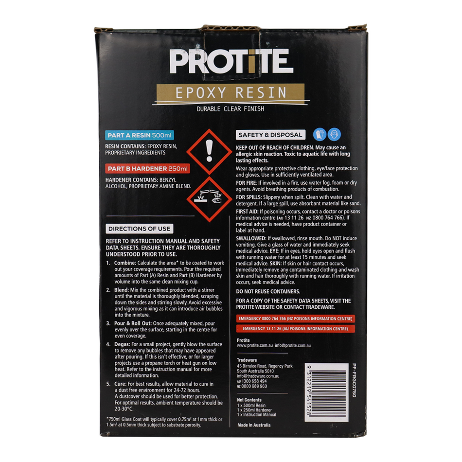 Protite Epoxy Craft Resin 750ml Kit Glass Coat Clear 2 Part System