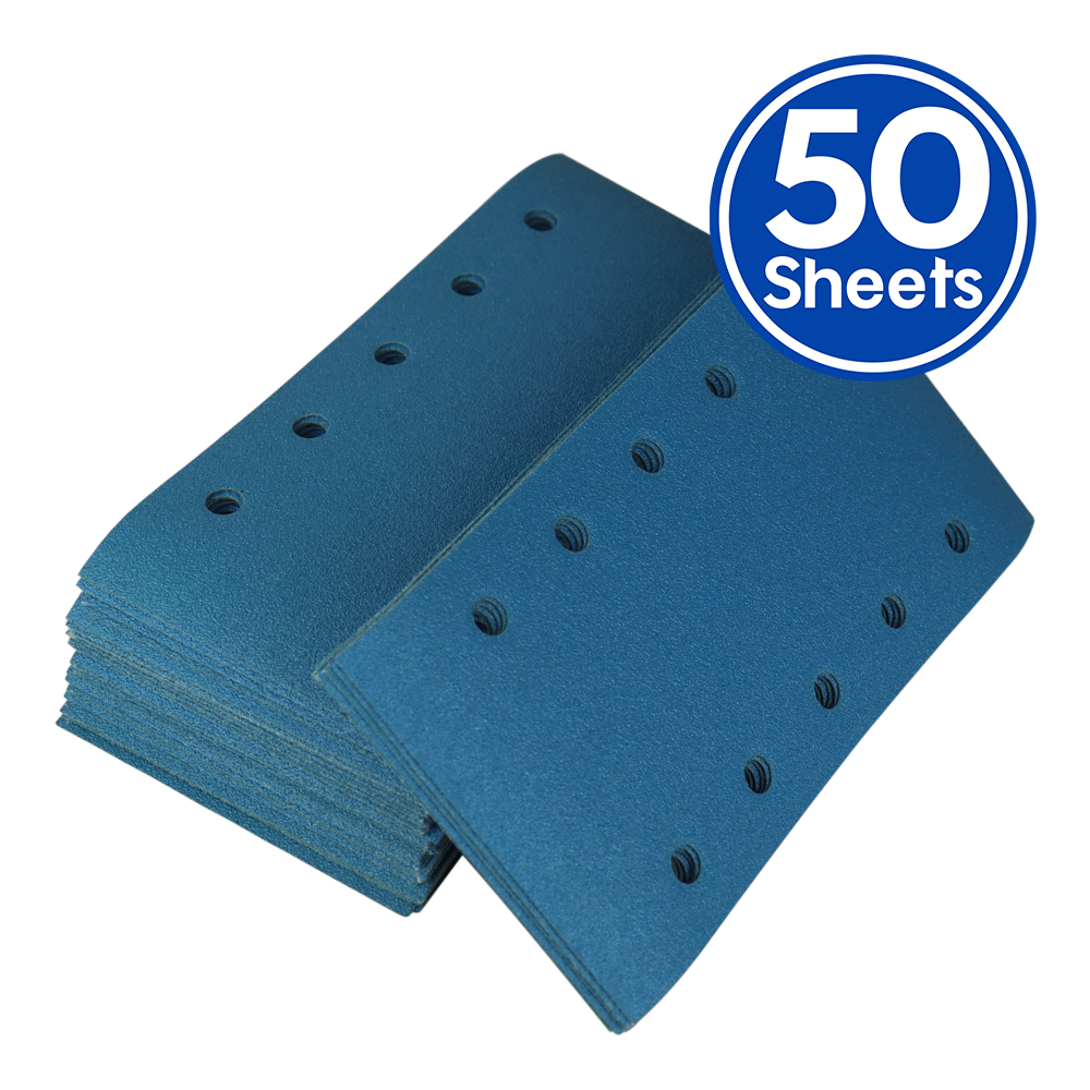 REVCUT Blue P180 Grit Hook & Loop Sandpaper Sheets 115mm x 225mm 10H x 50 Pack