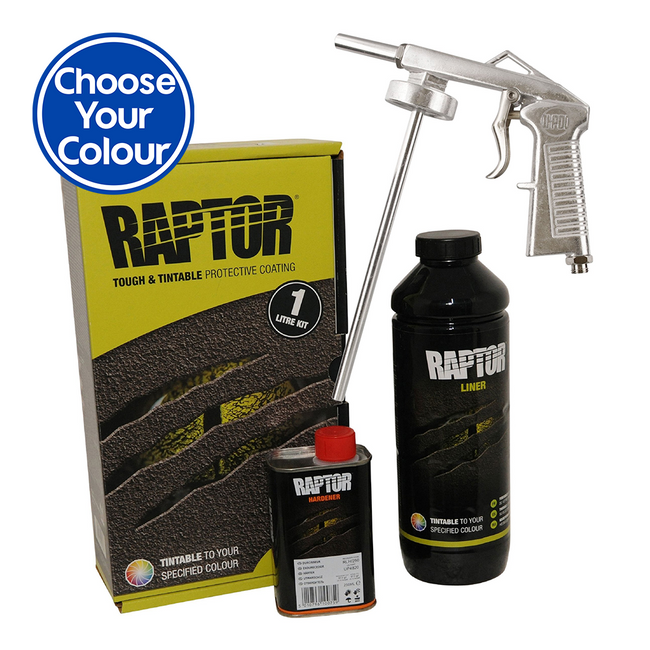 U-Pol Raptor Tintable (Choose Your Colour) Tough Bed Liner Kit 1L + Schutz Gun