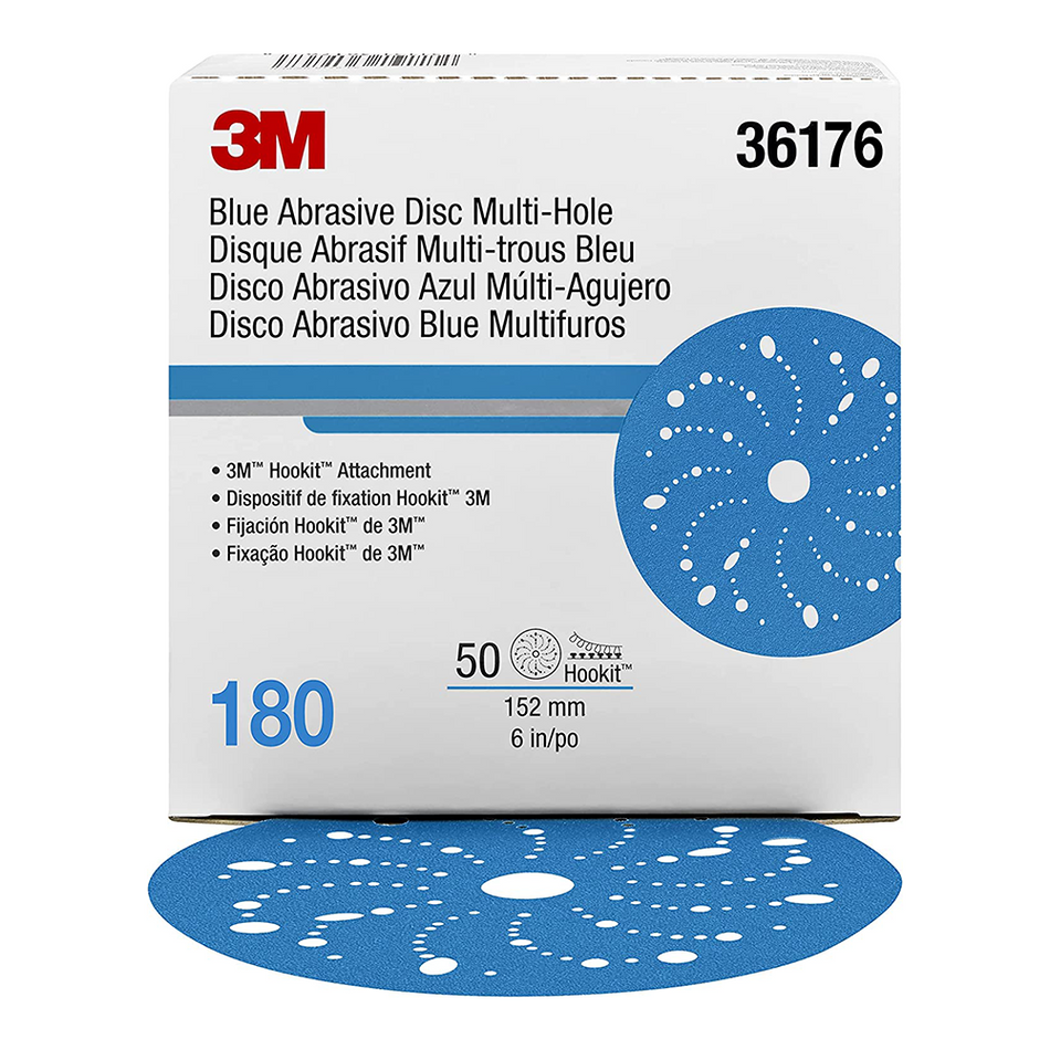 3M 36176 Hookit Blue Sandpaper Disc Multihole 150mm 180 Grit x 50 Pack Box