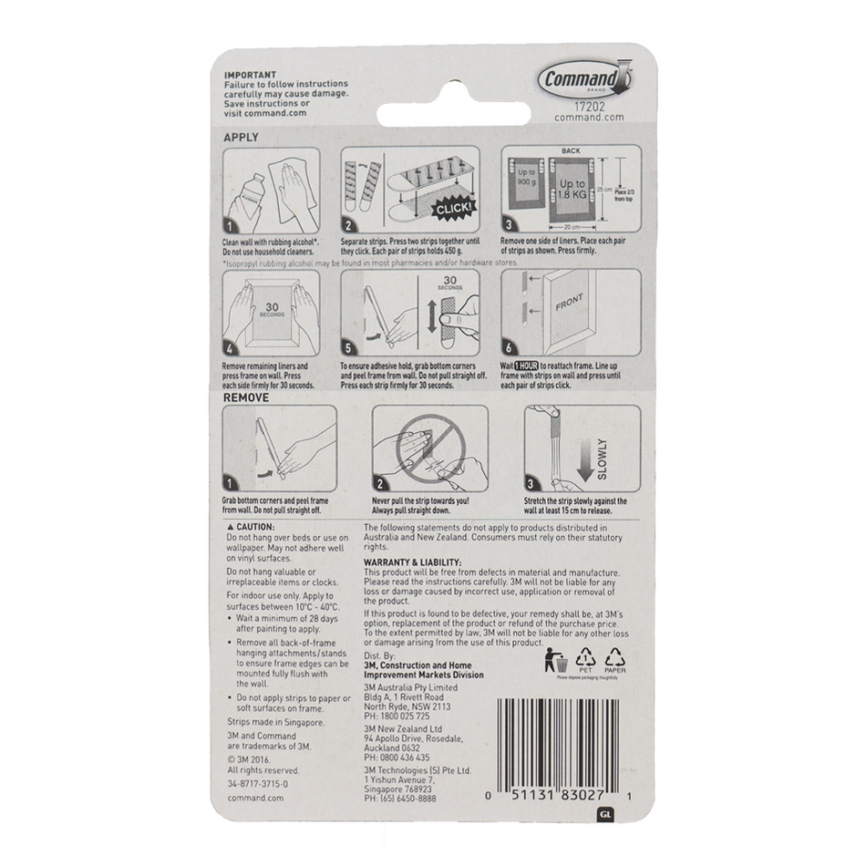 3M Command Small Picture Hanging Strips 4 Pairs Holds 1.8kg