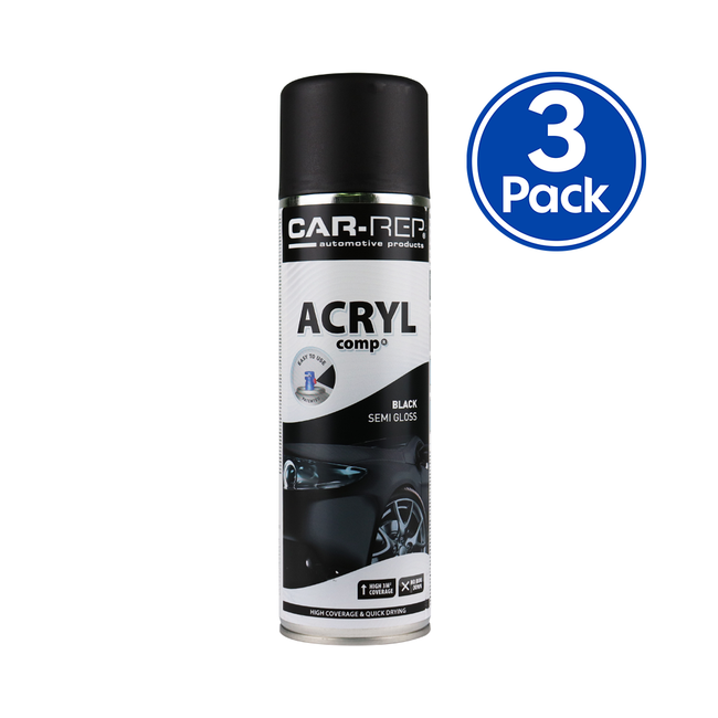 CAR-REP Professional Automotive Semi Gloss Acrylic Aerosol 500ml Black x 3 Pack