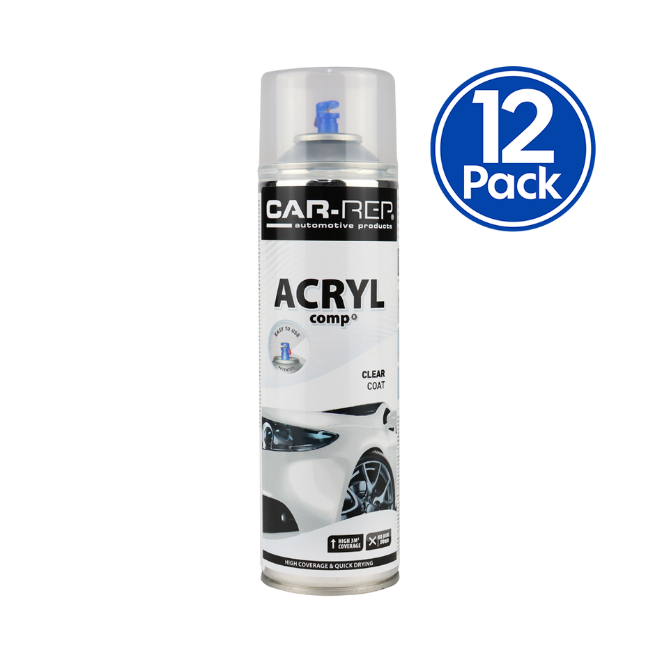 CAR-REP Acrylic Clear Coat 500ml Professional 1K Aerosol Clear 12 Pack